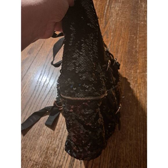 It Works Black Sequin Leather Adjustable Backpack Two Outer Side Compartments - Picture 6 of 8